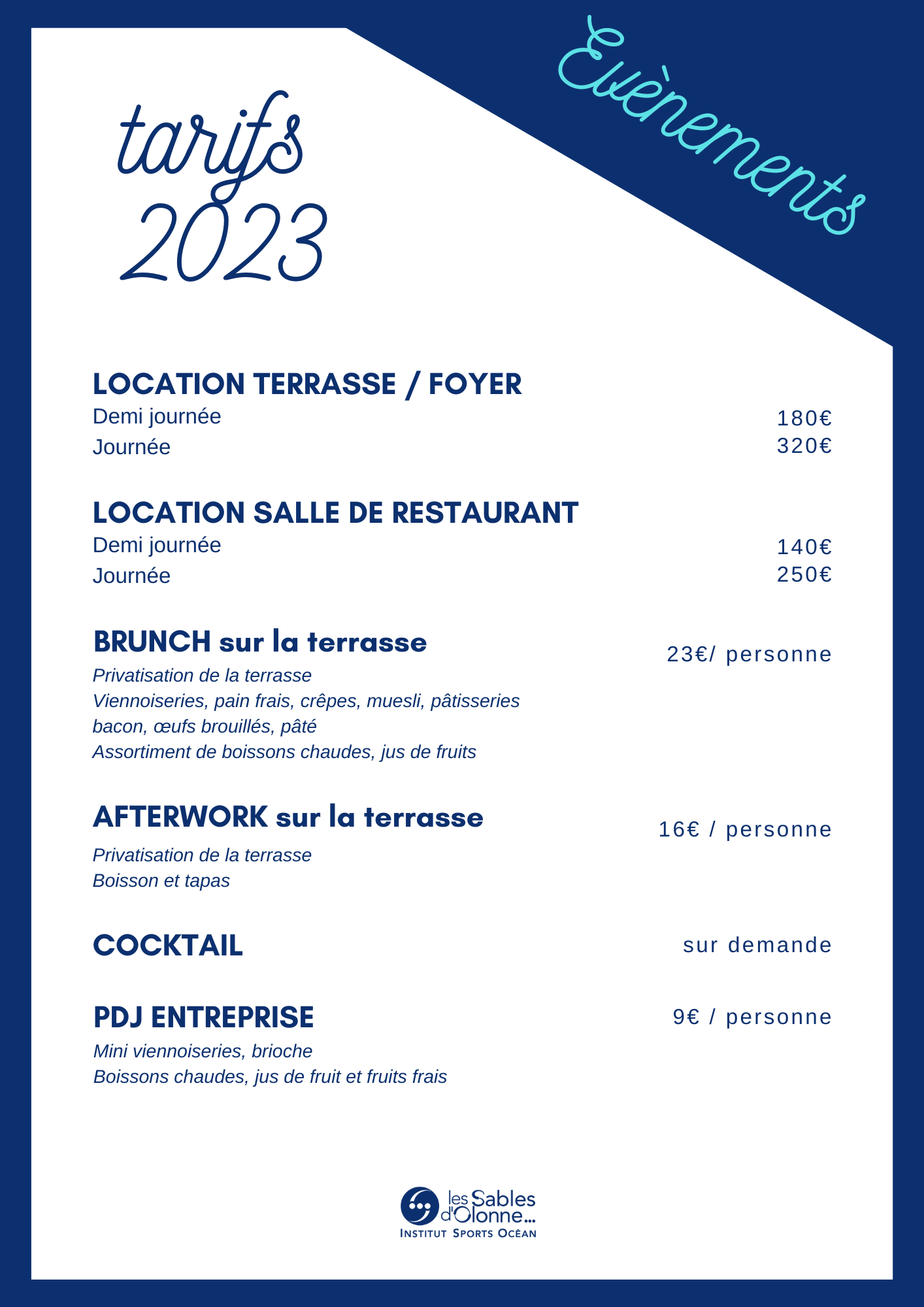 tarifs évènements 2023